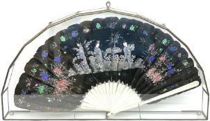 Hand painted feather and bone fan painted with figures and floral detail