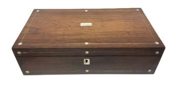 Mahogany writing slope with inlaid mother of pearl decoration and escutcheon
