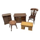 Quantity of miniature furniture to include elm stool supported by four turned legs