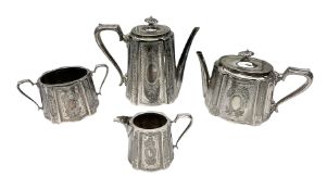 Victorian Walker & Hall four piece silver plated tea service with engraved floral decoration