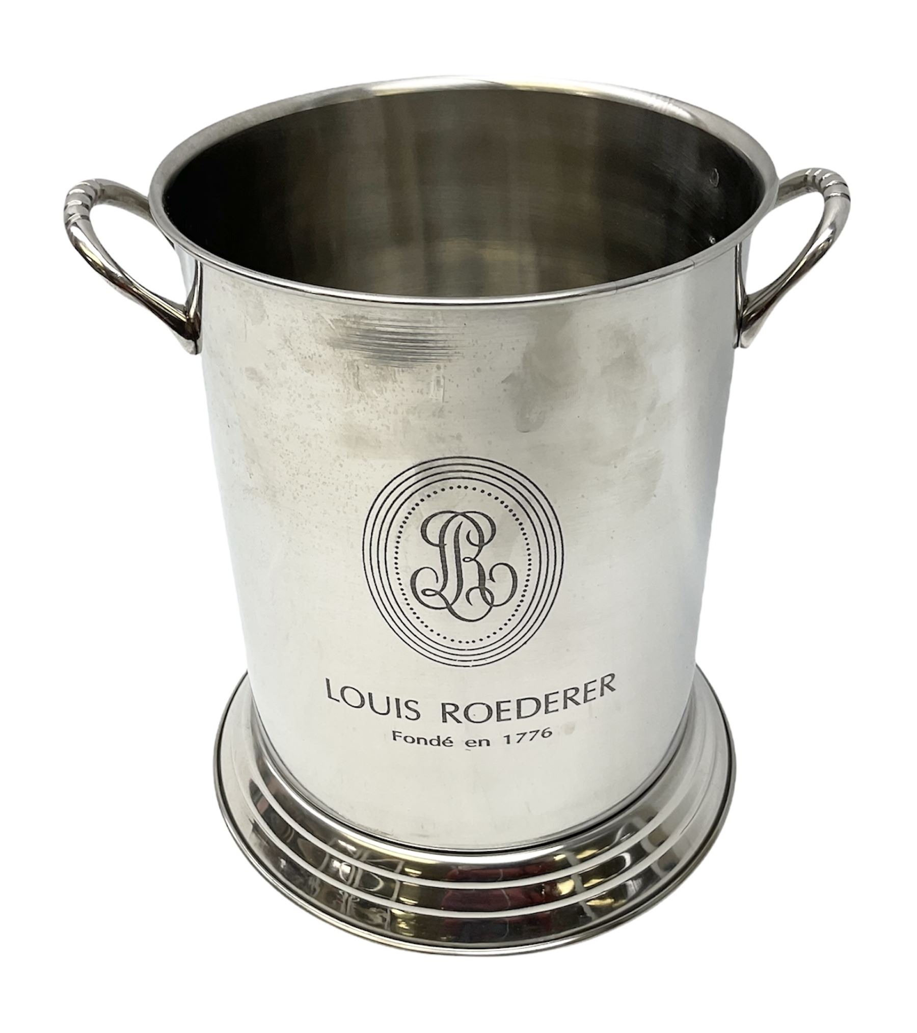 Lois Roederer champagne bucket of cylindrical form with twin handles
