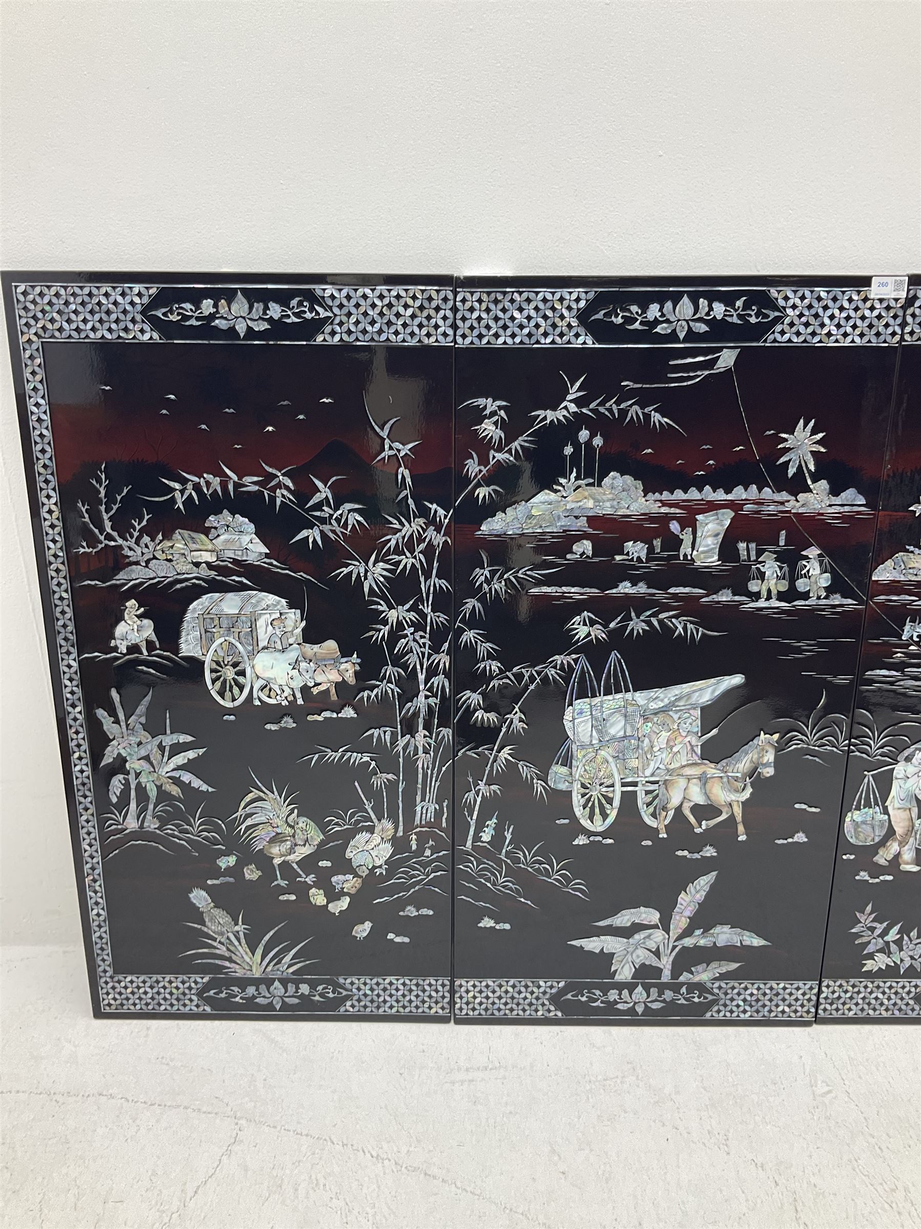 Four Chinese lacquered and mother of pearl inlaid wall panels - Image 2 of 3