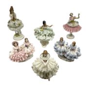 Six Dresden figures and figure groups of lace crinoline ladies