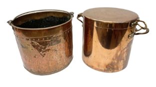 Large twin handled copper coal scuttle and cover and copper and brass riveted bucket with handle