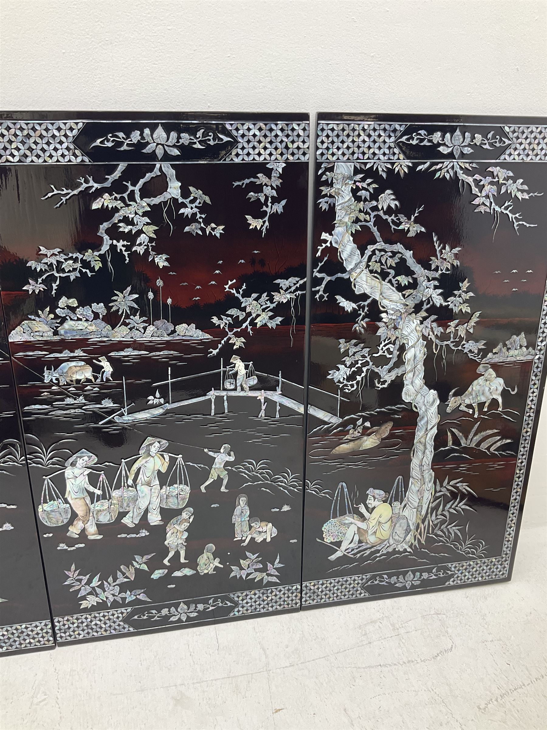 Four Chinese lacquered and mother of pearl inlaid wall panels - Image 3 of 3