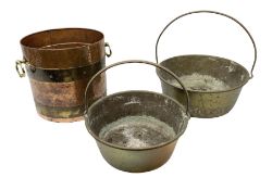 Hammered copper and brass banded coal bucket with twin loop handles