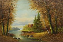 H Sanders (Continental 20th century): Castle in Highland River Landscape