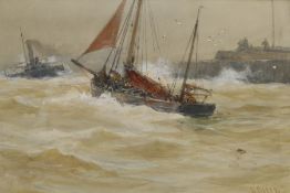 David Gould Green (British 1854-1917): 'Towing a Fishing Smack into Harbour'
