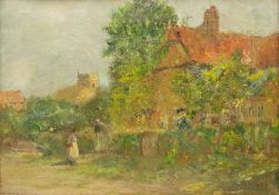 English School (Early 20th century): Village scene with Figures
