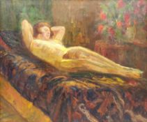 Circle of Roderic O'Conor (Irish 1860-1940): Reclining Nude with Vase of Roses