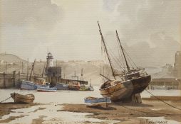 Don Micklethwaite (British 1936-): Scarborough Harbour at Low Tide with View of Lighthouse and Castl