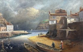 Len 'Leon' Peel (British 20th century): Cobles at Staithes with Stormy Skies