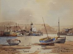 Don Micklethwaite (British 1936-): Scarborough Harbour at Low Tide with Cobles