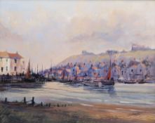 Colin Russell (British 1932-2009): Whitby Harbour with a view of the Abbey