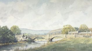 Les Packham (British 20th Century): Rural Landscape with River and Bridge