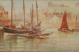 John Wynne Williams (British fl.1900-1920): Fishing Boats Moored in Whitby Harbour with view of Abbe