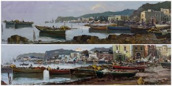 G Esposito (Italian 20th century): Panoramic Harbour Views
