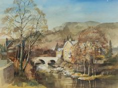 Alan Kirkpatrick (British 1929-): Welsh Village with River