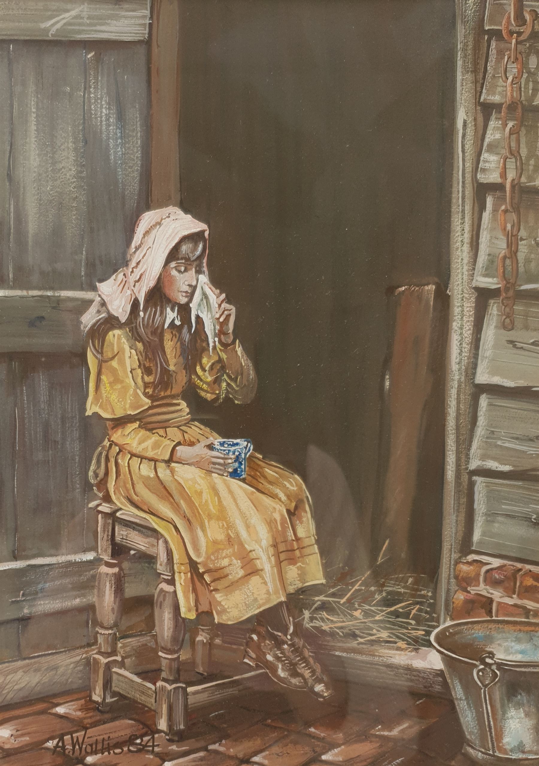 A Wallis (British 20th century): Girl Crying Outside Stable