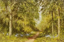 Tony Malton (British 20th century): Woodland Landscape with Bluebells