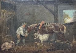 Circle of George Morland (British 1763-1804): Feeding Horse in Stable Scene