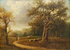 English School (19th century): Country Park Landscape with Figures and Cows
