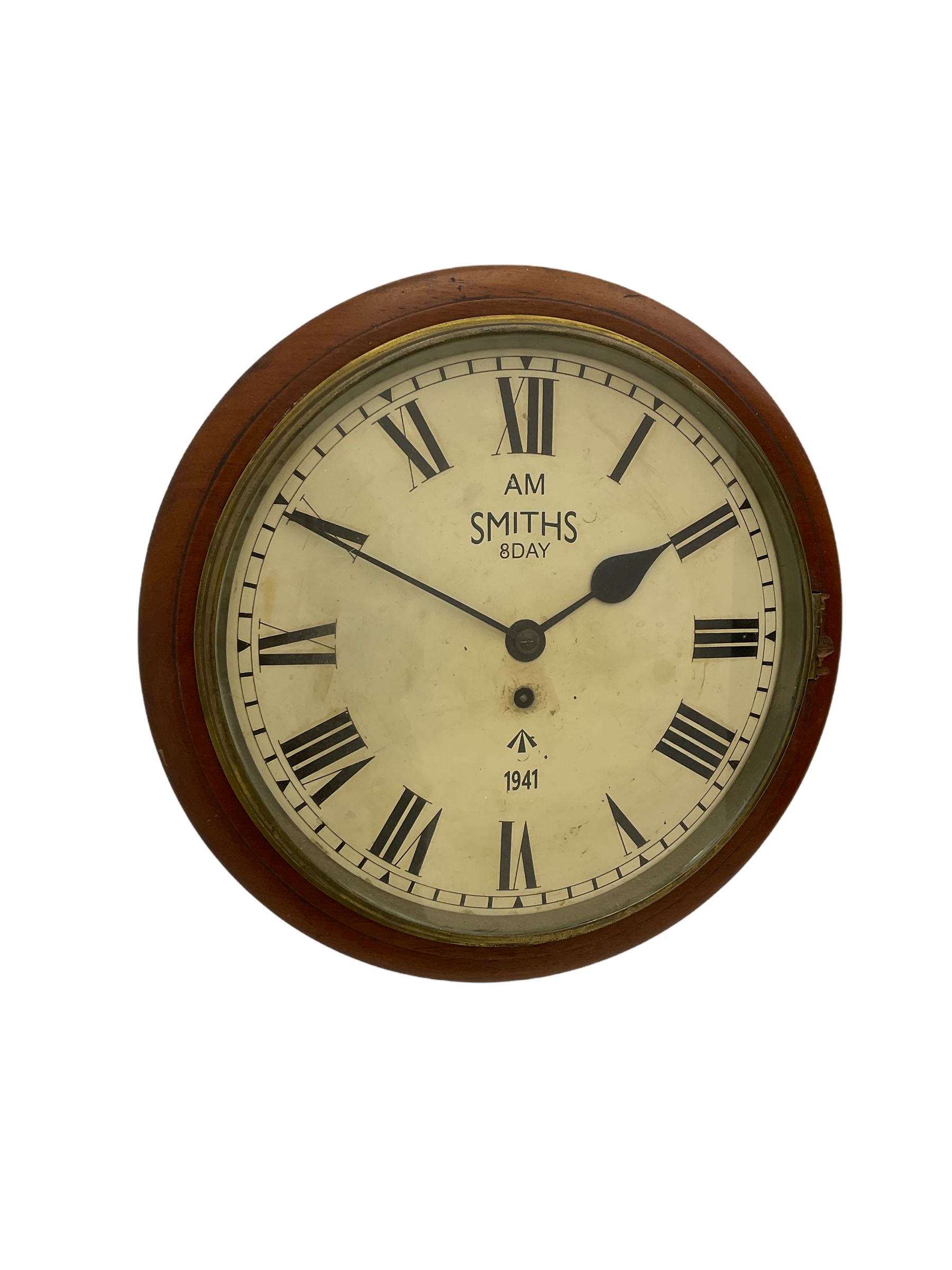 A round dial wall clock with a 15” mahogany bezel and 12” painted dial, with Roman - Image 2 of 3