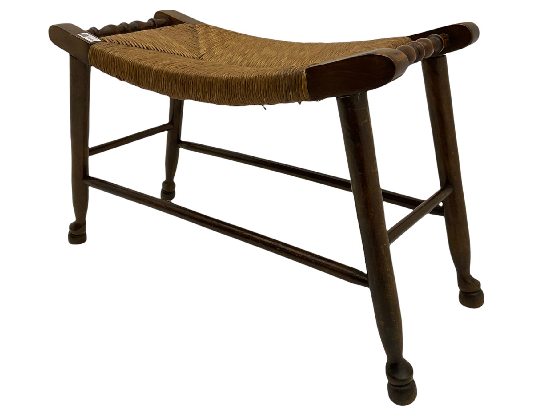 20th century stained beech stool with dished rush seat - Image 4 of 6