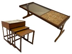 G-Plan rectangular teak coffee table with tiled inset and smoked glass top (121cm x 51cm