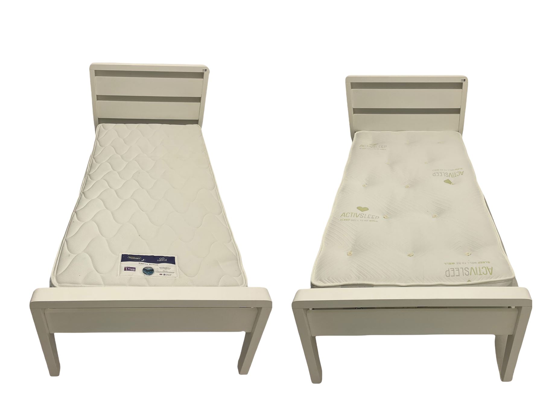 Pair "Hip-Hop" white finish single 3' bedframes with mattresses