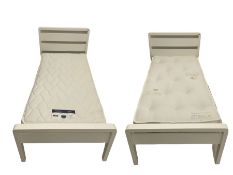 Pair "Hip-Hop" white finish single 3' bedframes with mattresses
