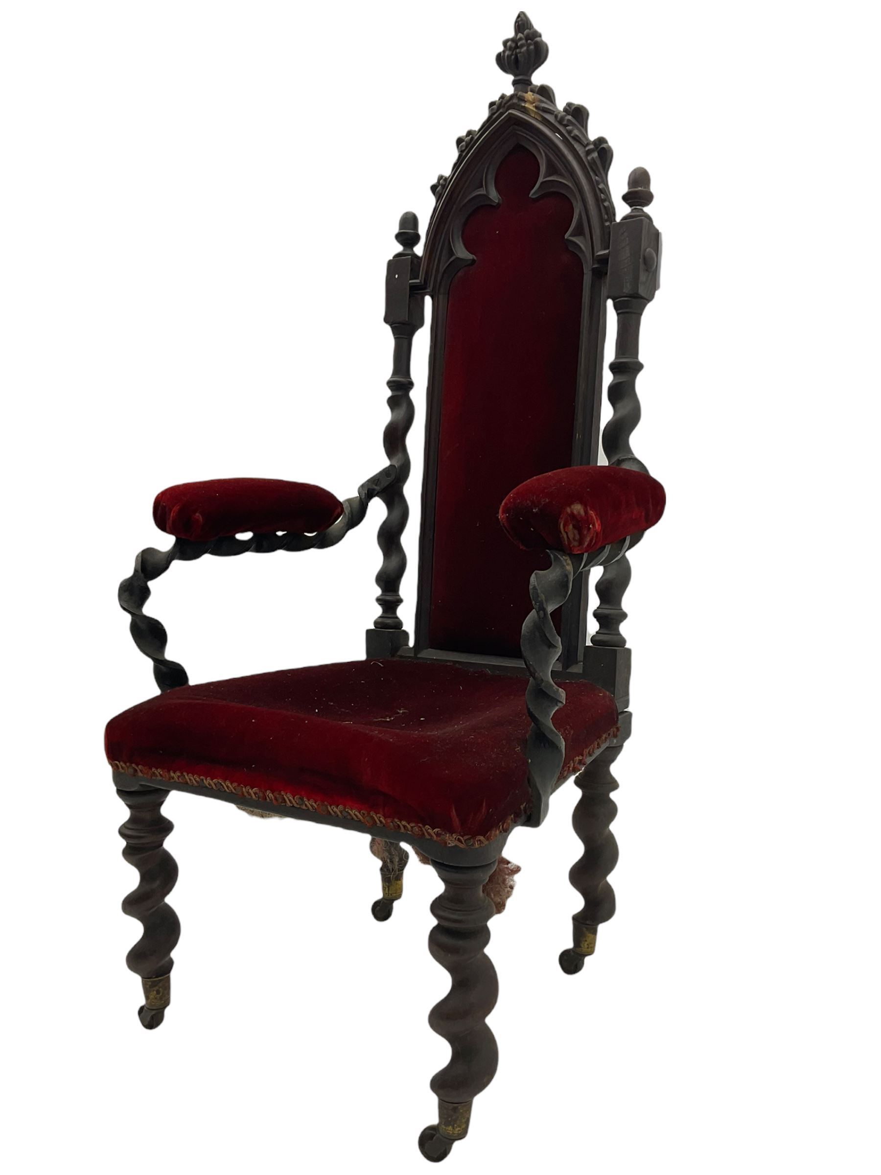 Victorian oak and wrought metal Gothic open armchair - Image 4 of 8