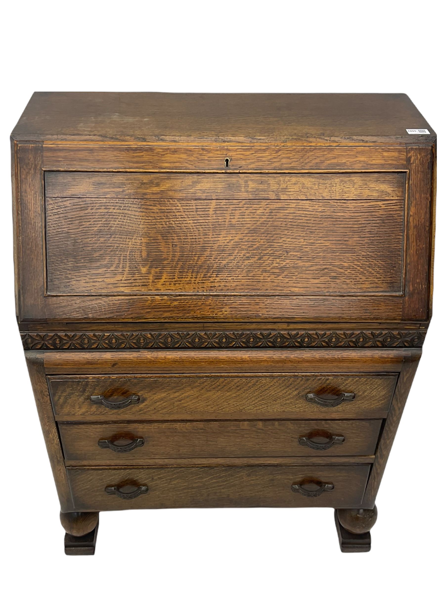 Early 20th century oak three drawer oak bureau - Image 2 of 9