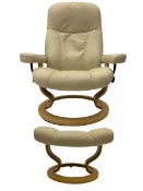 Ekornes - Stressless armchair upholstered in cream leather with matching footstool