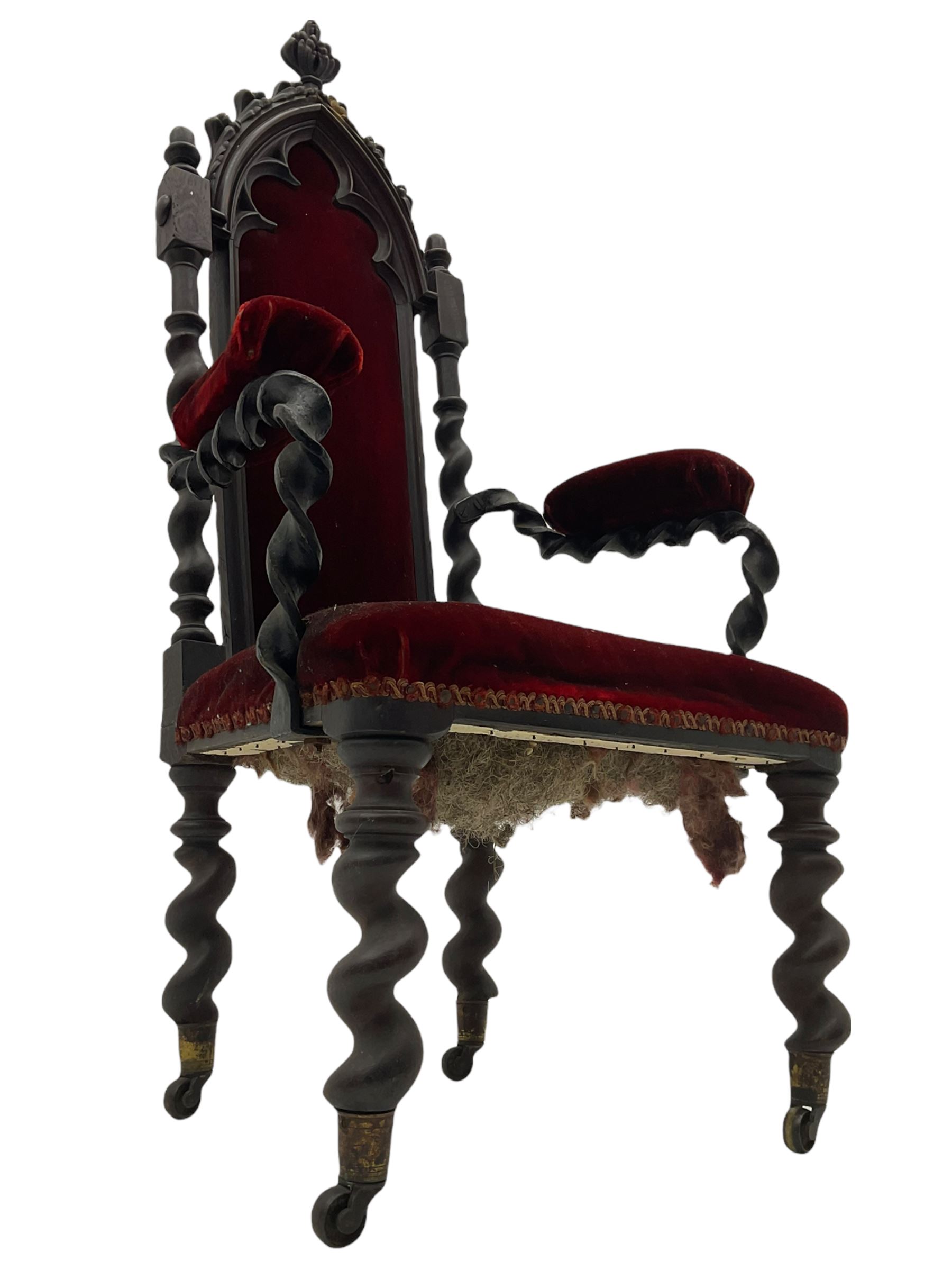 Victorian oak and wrought metal Gothic open armchair - Image 5 of 8