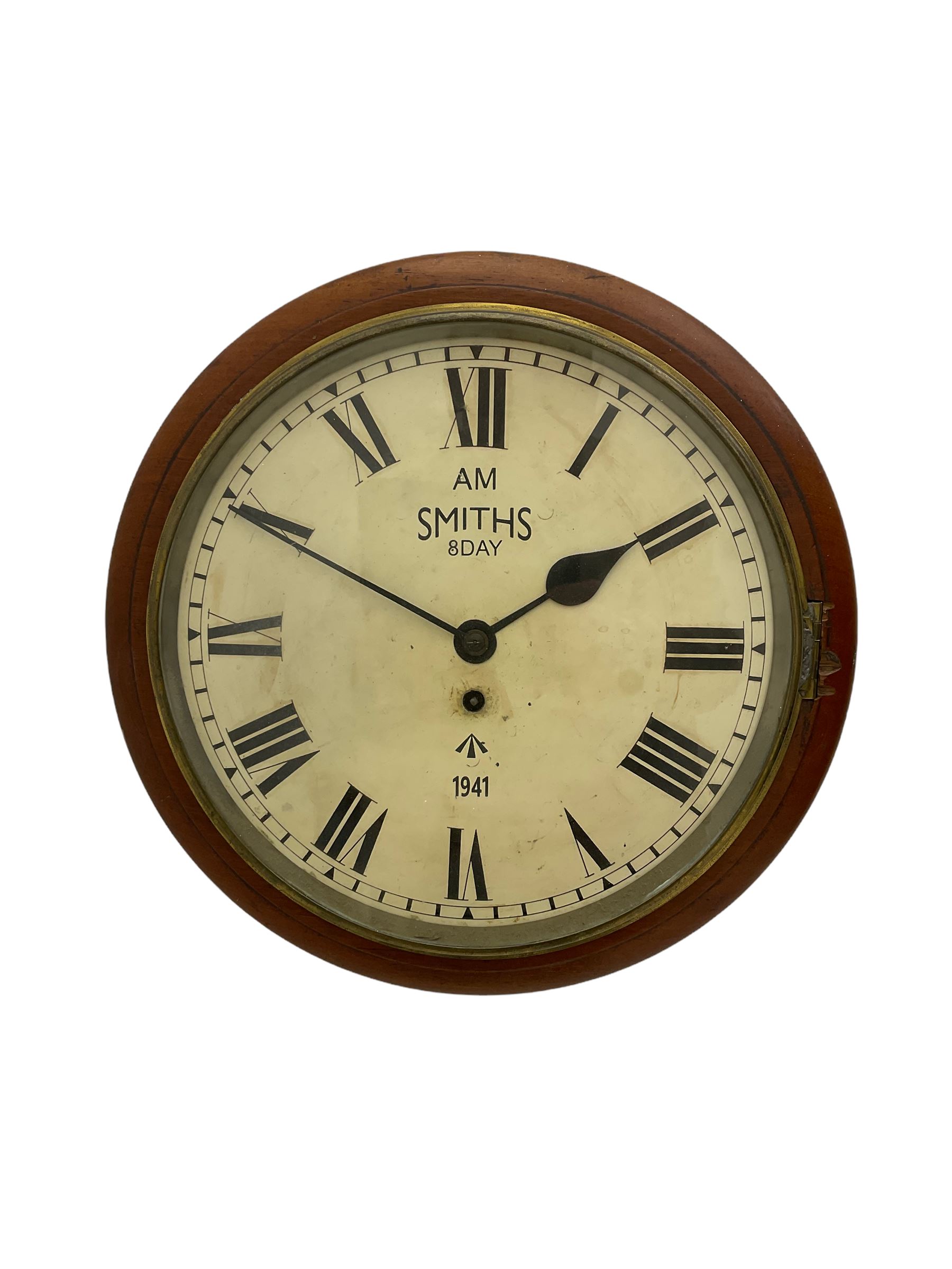 A round dial wall clock with a 15” mahogany bezel and 12” painted dial, with Roman