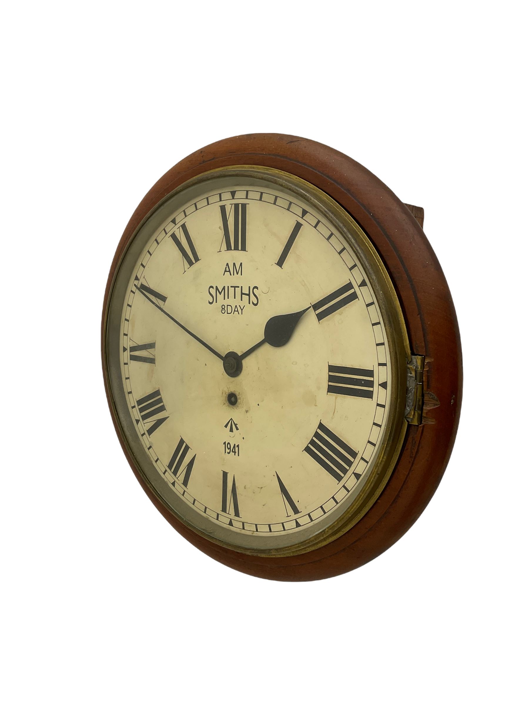 A round dial wall clock with a 15” mahogany bezel and 12” painted dial, with Roman - Image 3 of 3