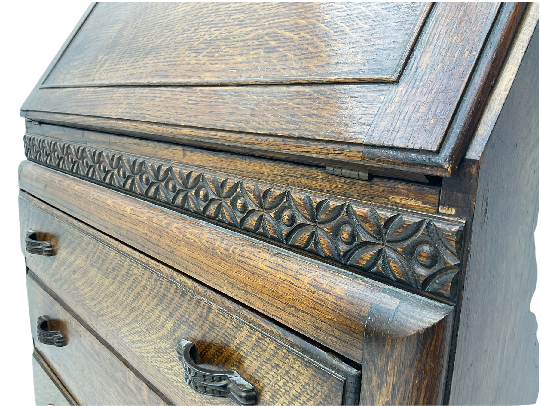 Early 20th century oak three drawer oak bureau - Image 8 of 9