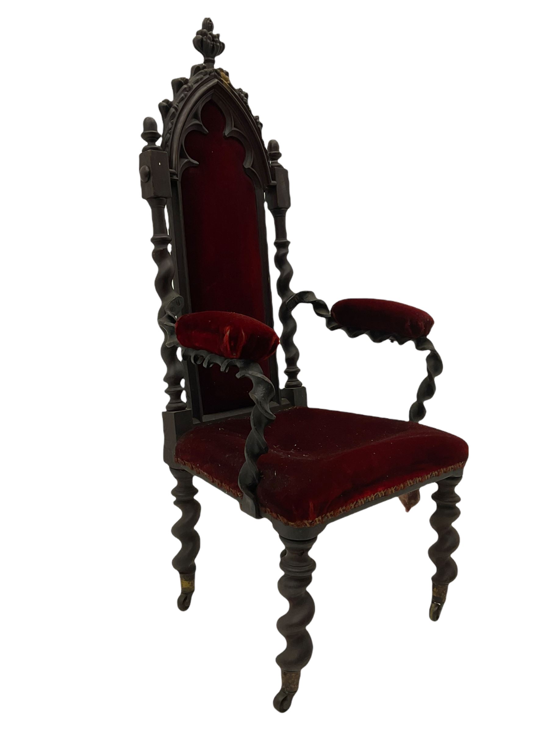 Victorian oak and wrought metal Gothic open armchair - Image 3 of 8