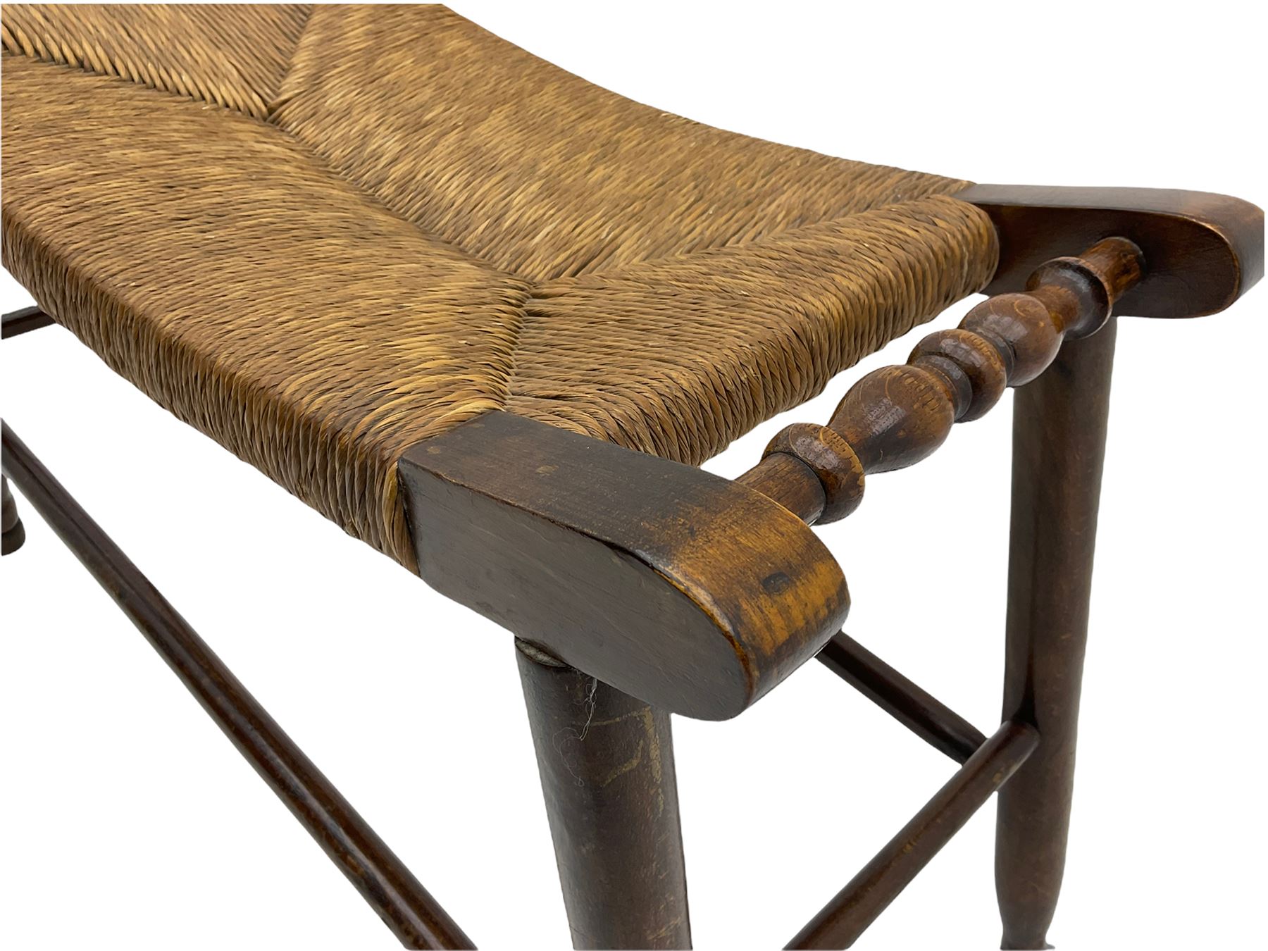 20th century stained beech stool with dished rush seat - Image 5 of 6