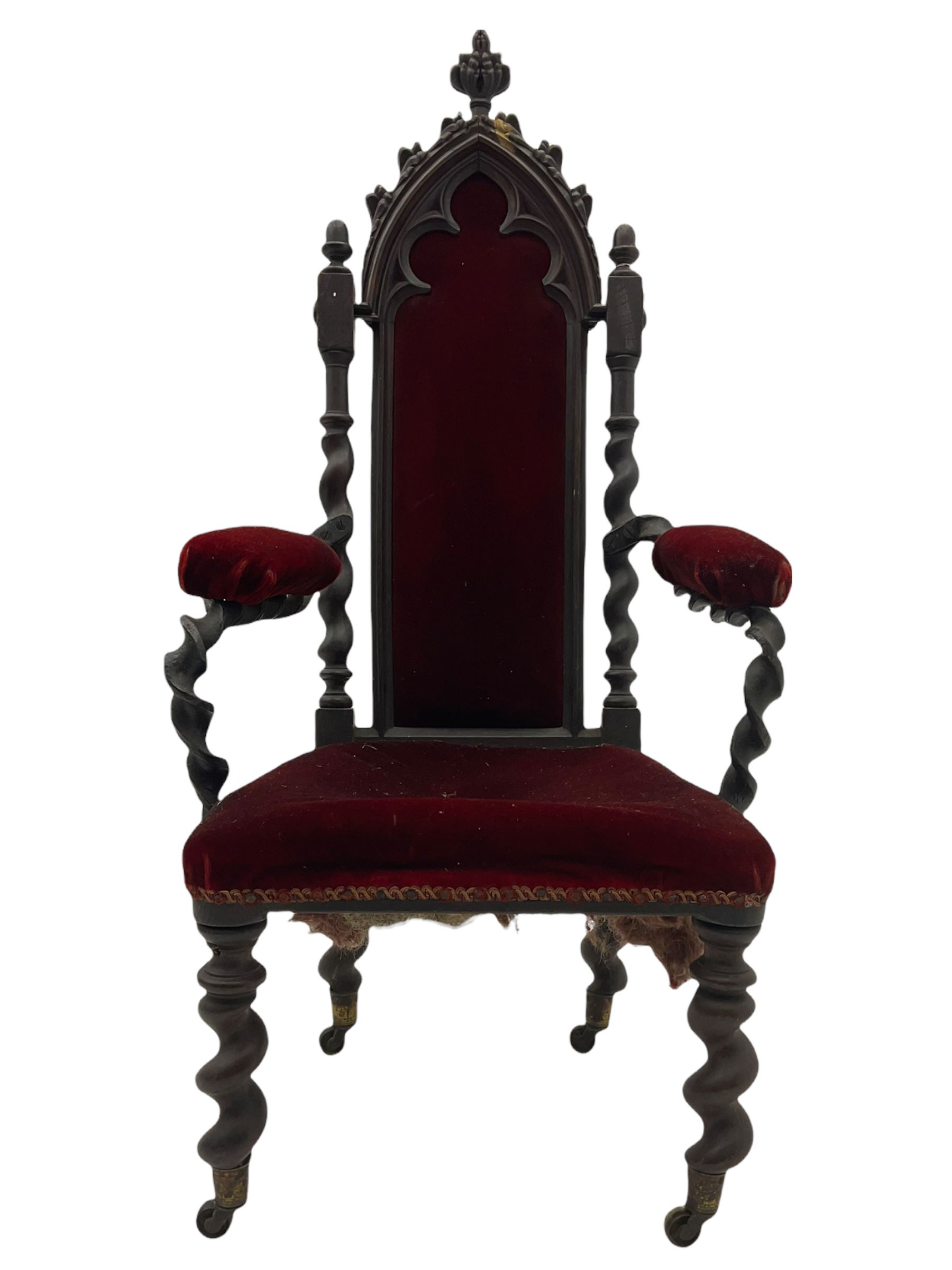 Victorian oak and wrought metal Gothic open armchair