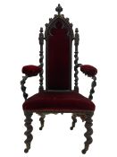 Victorian oak and wrought metal Gothic open armchair