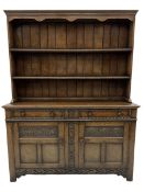 20th century Jacobean style carved oak dresser fitted two drawers and two cupboards