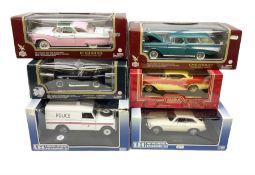 Six 1:18 scale die-cast models - Road Legends Chevrolet Nomad (1957) and Ford Fairlane Crown Victori