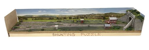 '00' gauge - wooden shunting puzzle with diorama background and three tracks into one with tunnel an