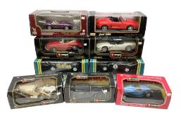 Nine 1:18/1:24 scale die-cast models - two Foxtons Mini Coopers; Road Legends Shelby Cobra; Maisto M