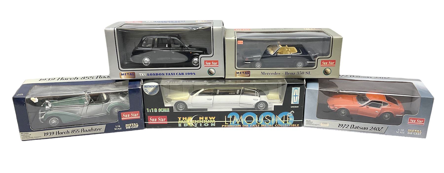 Sun Star - five 1:18 scale die-cast models comprising Ford Lincoln 2000 Limousine Millenium Edition;