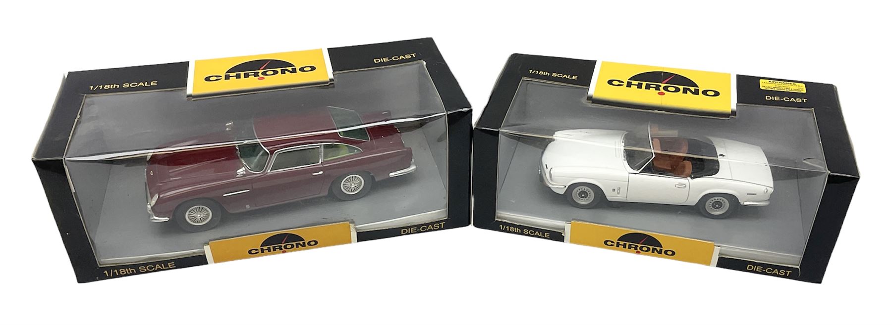 Chrono - two 1:18 scale die-cast models comprising Aston Martin DB5 1963 in 'Peony Red' and Triumph