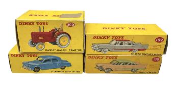 Dinky - four die-cast models comprising Massey-Harris Tractor No.300; Plymouth Plaza No.178; De Soto