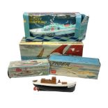 Five model boats - Sutcliffe clockwork Tiger Speedboat; boxed; Motor Sailor battery operated yacht;